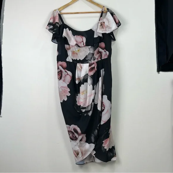 City Chic Cold Shoulder Dress Black Austin Floral Rose Draped Plus Size M 18 - Picture 6 of 15